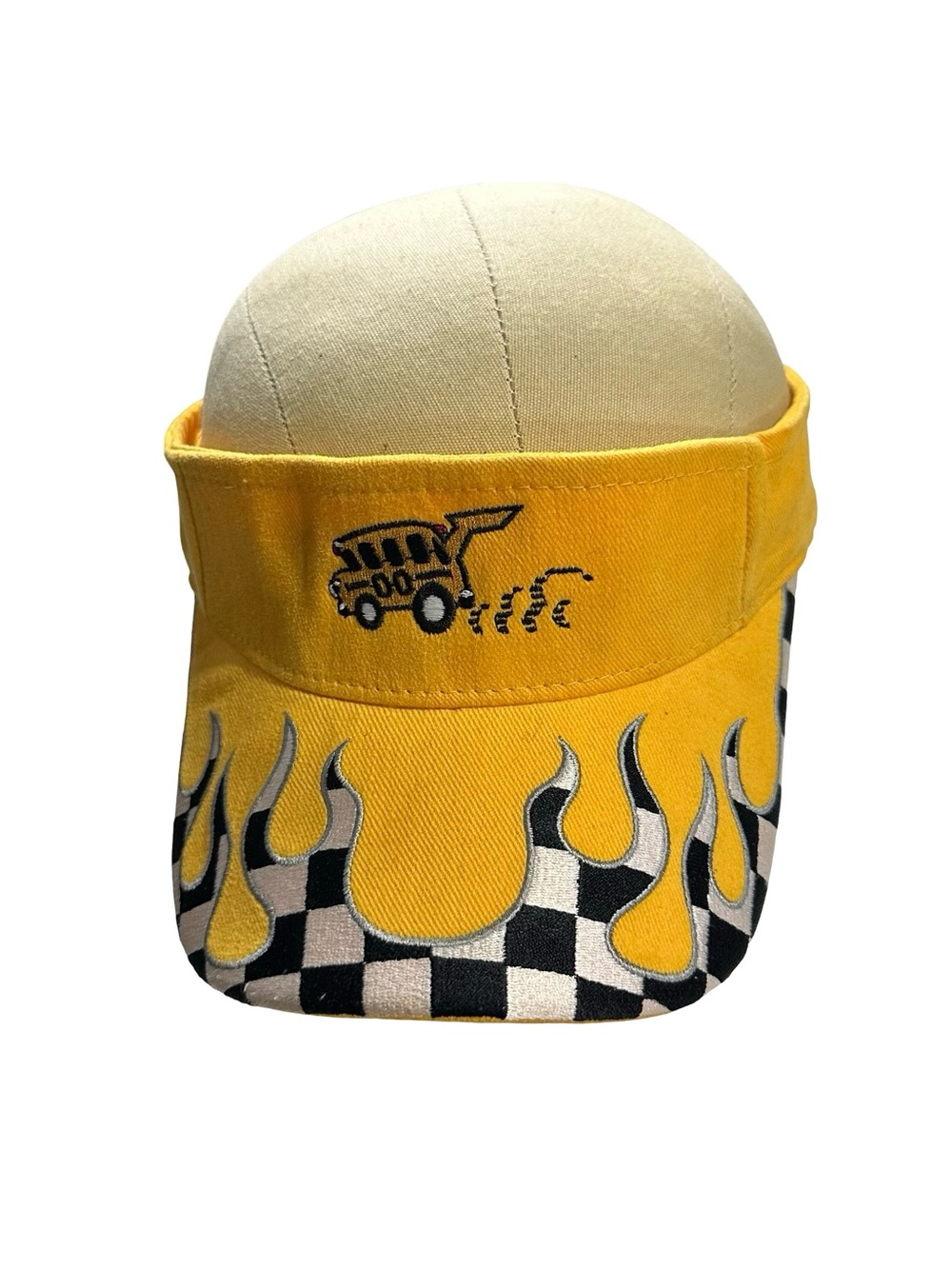Yellow Kids Visor Hat with Flame & Checkerboard Design
